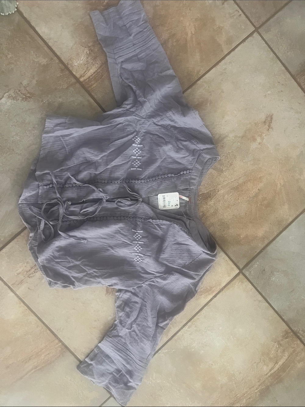 Free People Lavender Tie-Front Embroidered Peasant Top